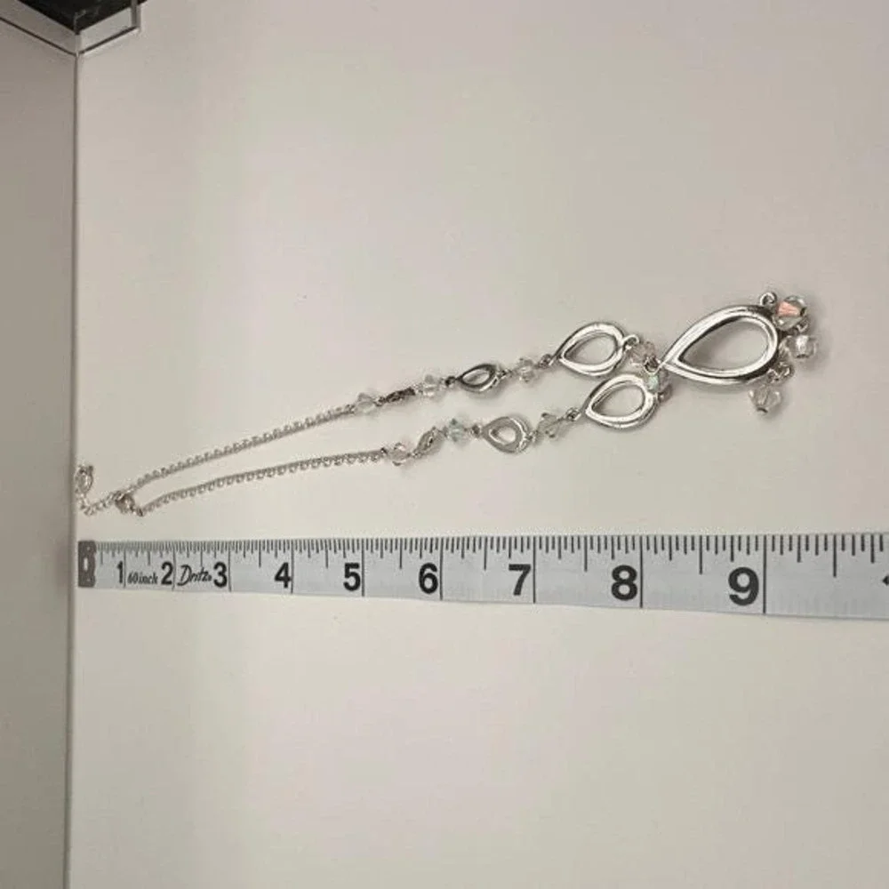 Vintage Y2K Silver Tone Rhinestone Teardrop Necklace AB Crystal‎ Dangle Jewelry